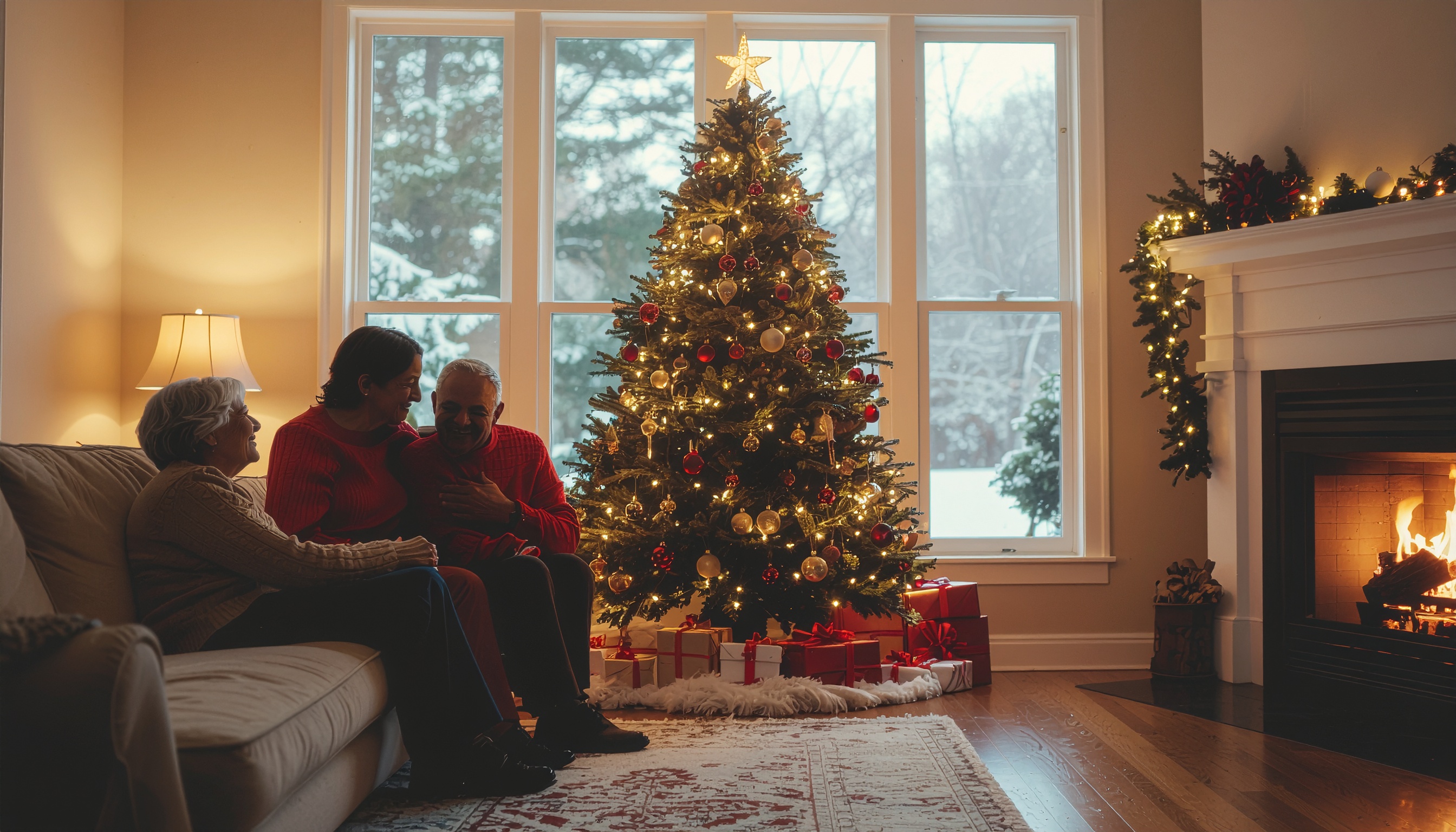 Cozy Family Gathering in a Festively Decorated Living Room for Christmas